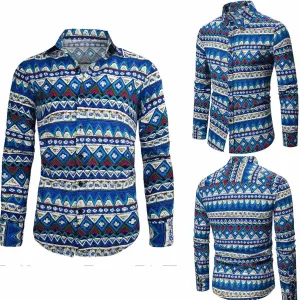 Men's Linen Shirt Long Sleeve Printed Ethnic Style Fashion Cotton Blouses 2025 Aztec Casual Loose Button Down Tops
