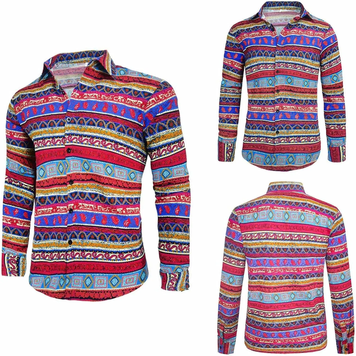 Men's Linen Shirt Long Sleeve Printed Ethnic Style Fashion Cotton Blouses 2025 Aztec Casual Loose Button Down Tops