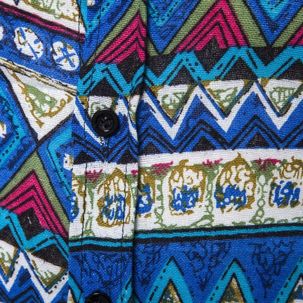 Men's Linen Shirt Long Sleeve Printed Ethnic Style Fashion Cotton Blouses 2025 Aztec Casual Loose Button Down Tops