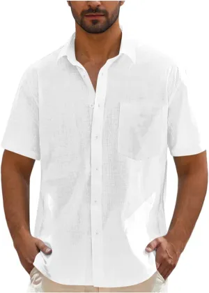 Men's Linen Shirts Summer Solid Color Short Sleeve Tops with Pockets Casual Stylish Lightweight Dress Beach Blouse
