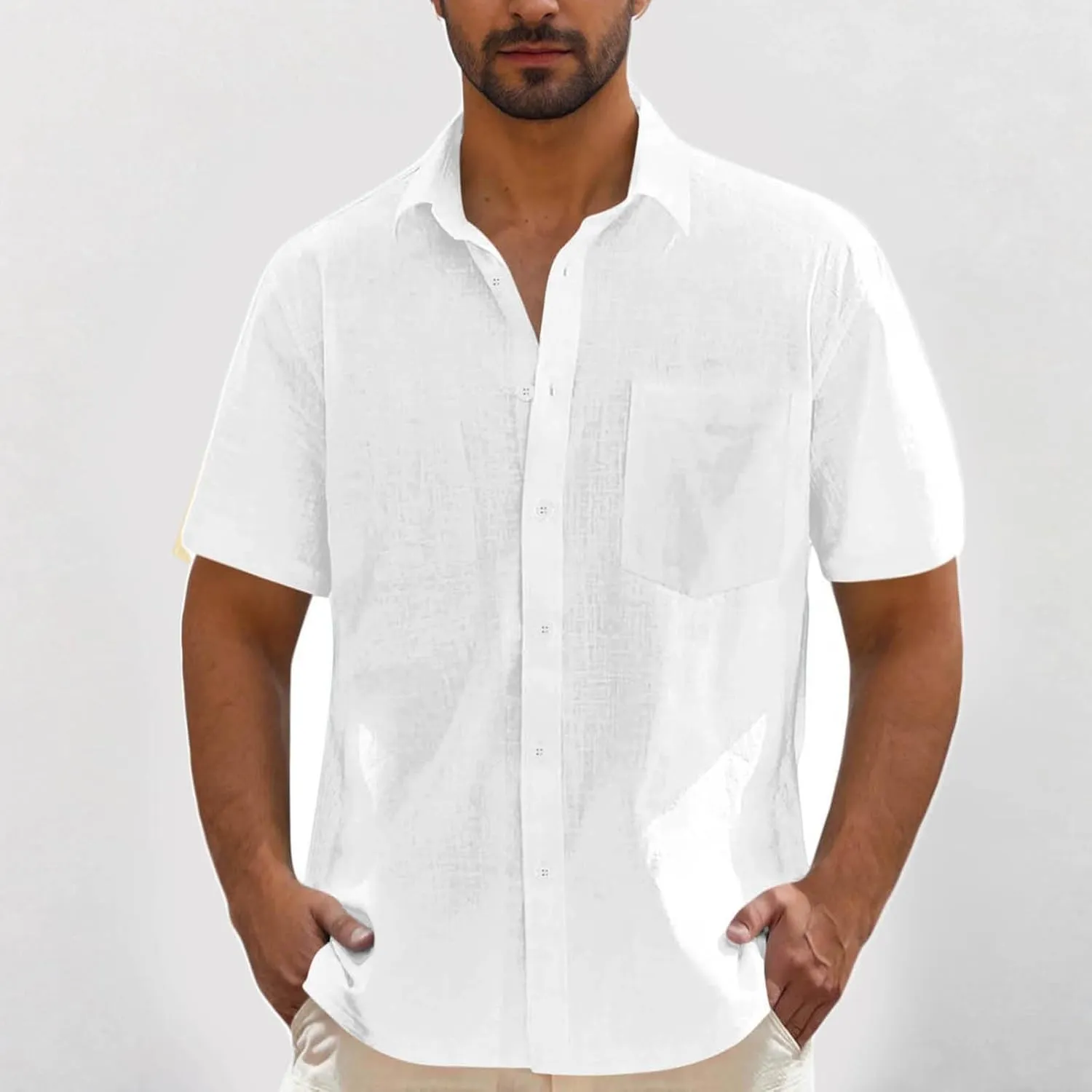 Men's Linen Shirts Summer Solid Color Short Sleeve Tops with Pockets Casual Stylish Lightweight Dress Beach Blouse
