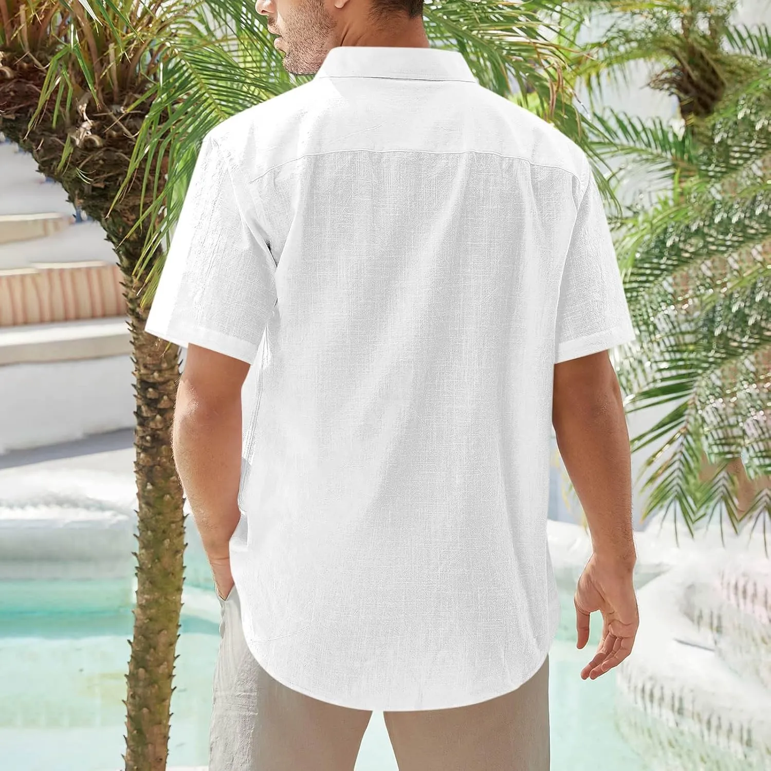Men's Linen Shirts Summer Solid Color Short Sleeve Tops with Pockets Casual Stylish Lightweight Dress Beach Blouse