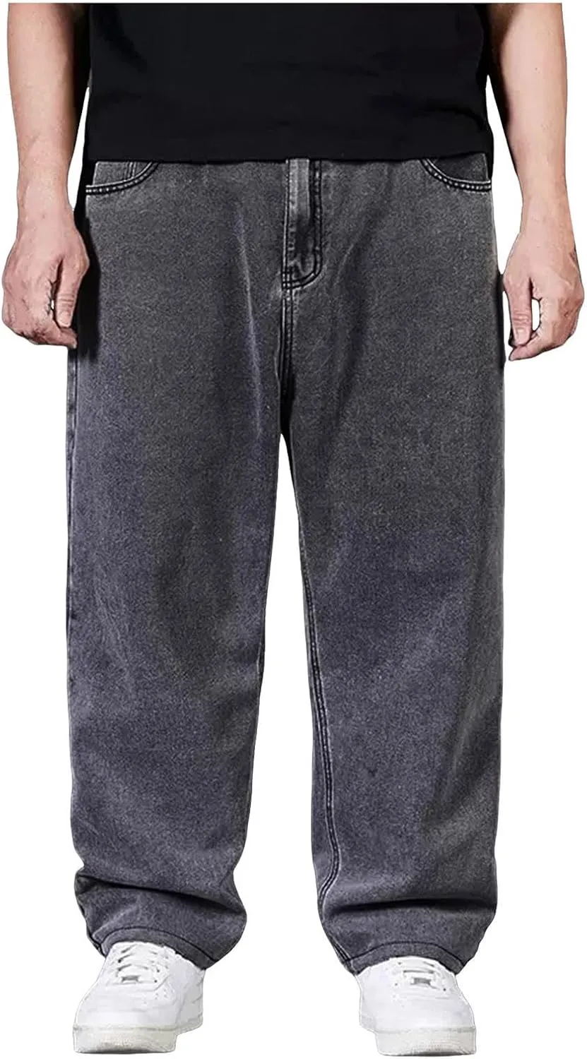 Mens Loose Fit Jeans Streetwear Skateboard Baggy Punk Y2k Hip Hop Multi-Pocket Oversized Wide Leg Denim Pants Trouser