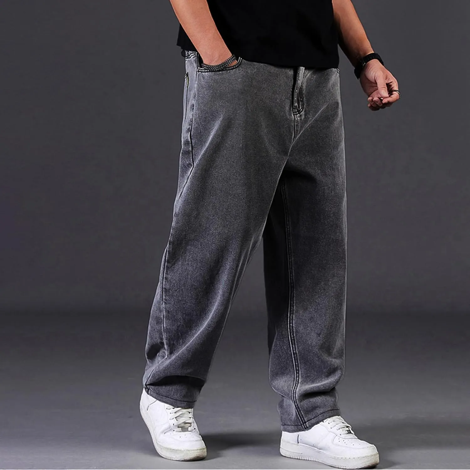 Mens Loose Fit Jeans Streetwear Skateboard Baggy Punk Y2k Hip Hop Multi-Pocket Oversized Wide Leg Denim Pants Trouser
