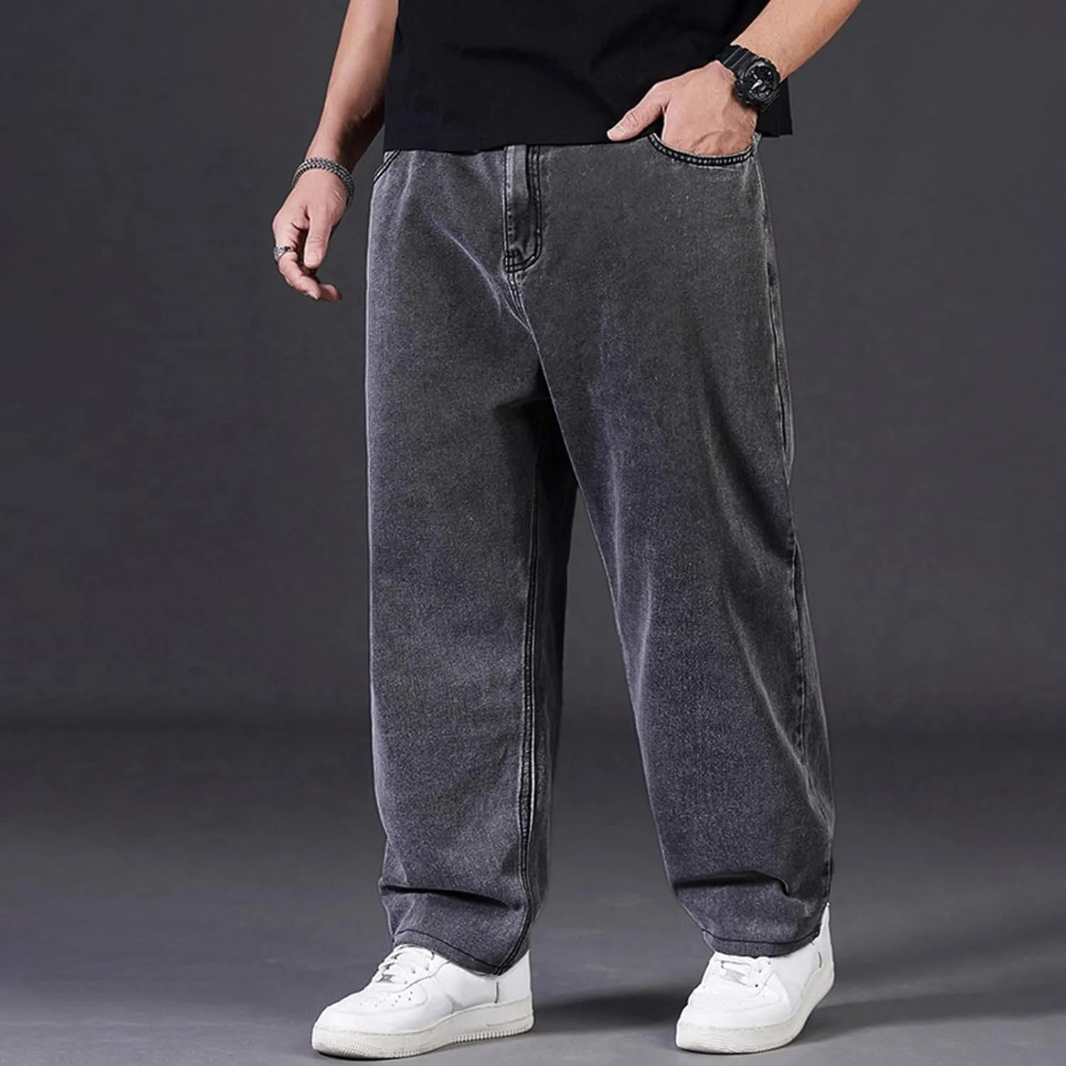 Mens Loose Fit Jeans Streetwear Skateboard Baggy Punk Y2k Hip Hop Multi-Pocket Oversized Wide Leg Denim Pants Trouser