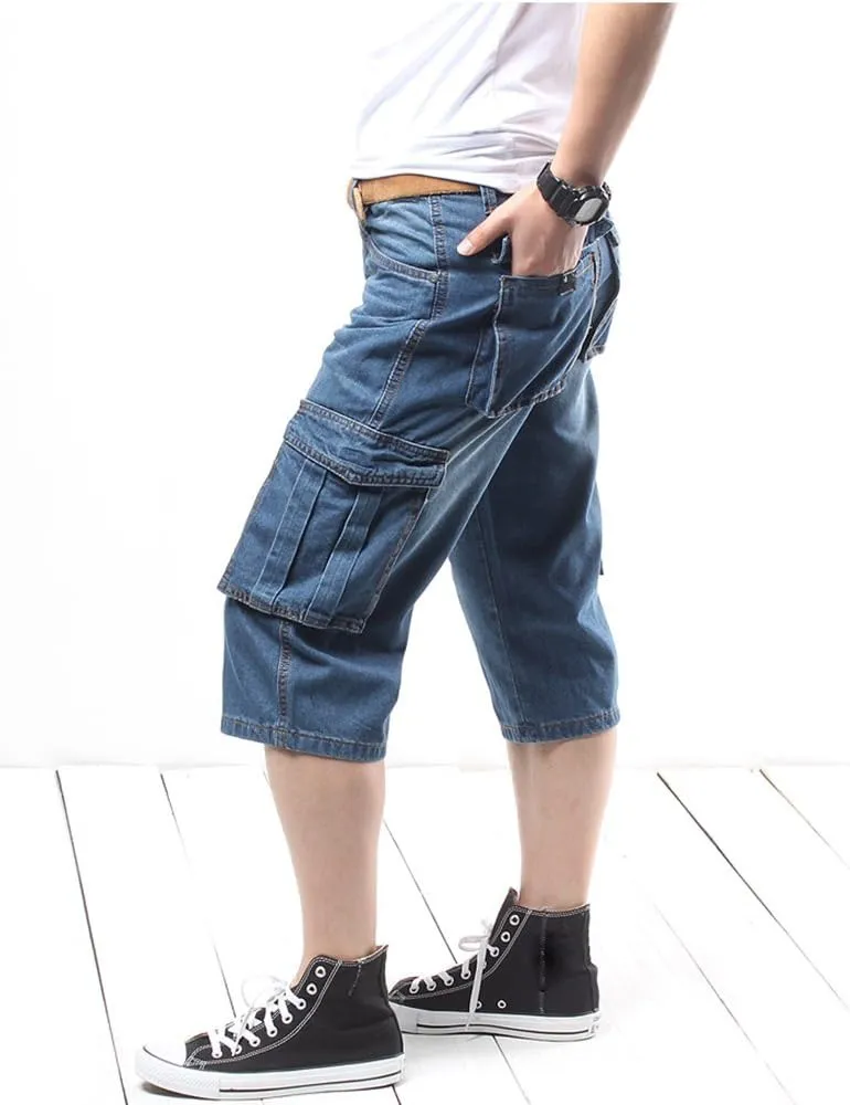 Men`s Motorcycle Loose Fit Cropped Work Jeans Denim Cargo Shorts