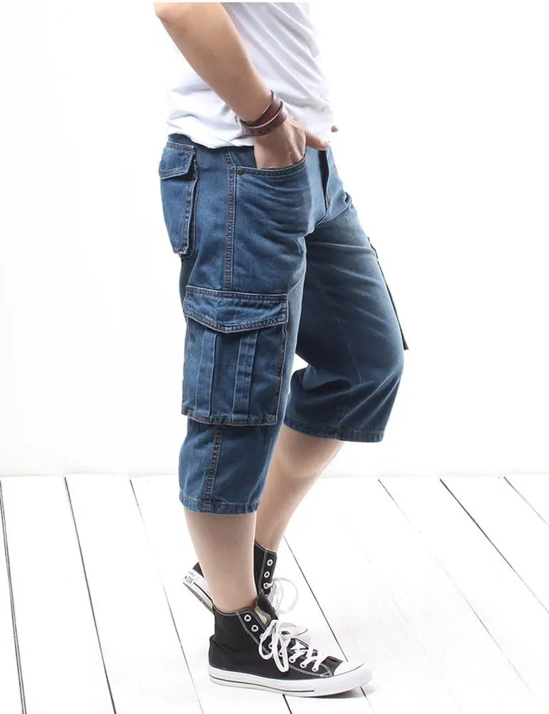 Men`s Motorcycle Loose Fit Cropped Work Jeans Denim Cargo Shorts