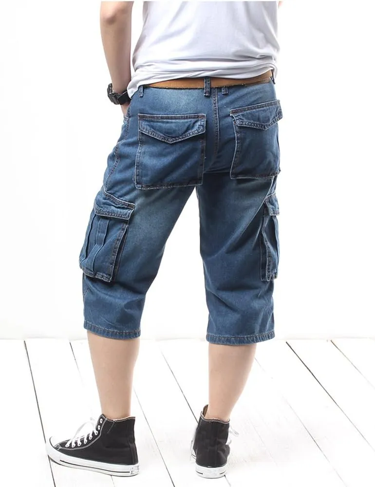 Men`s Motorcycle Loose Fit Cropped Work Jeans Denim Cargo Shorts