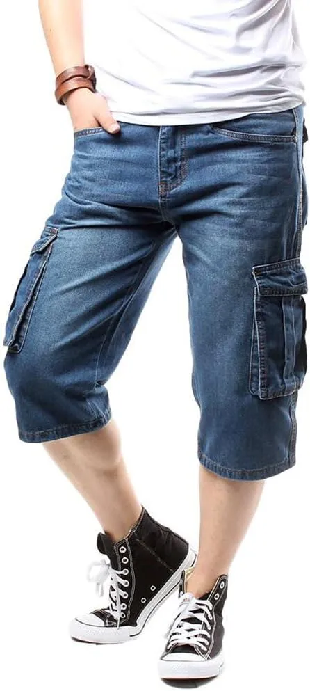 Men`s Motorcycle Loose Fit Cropped Work Jeans Denim Cargo Shorts