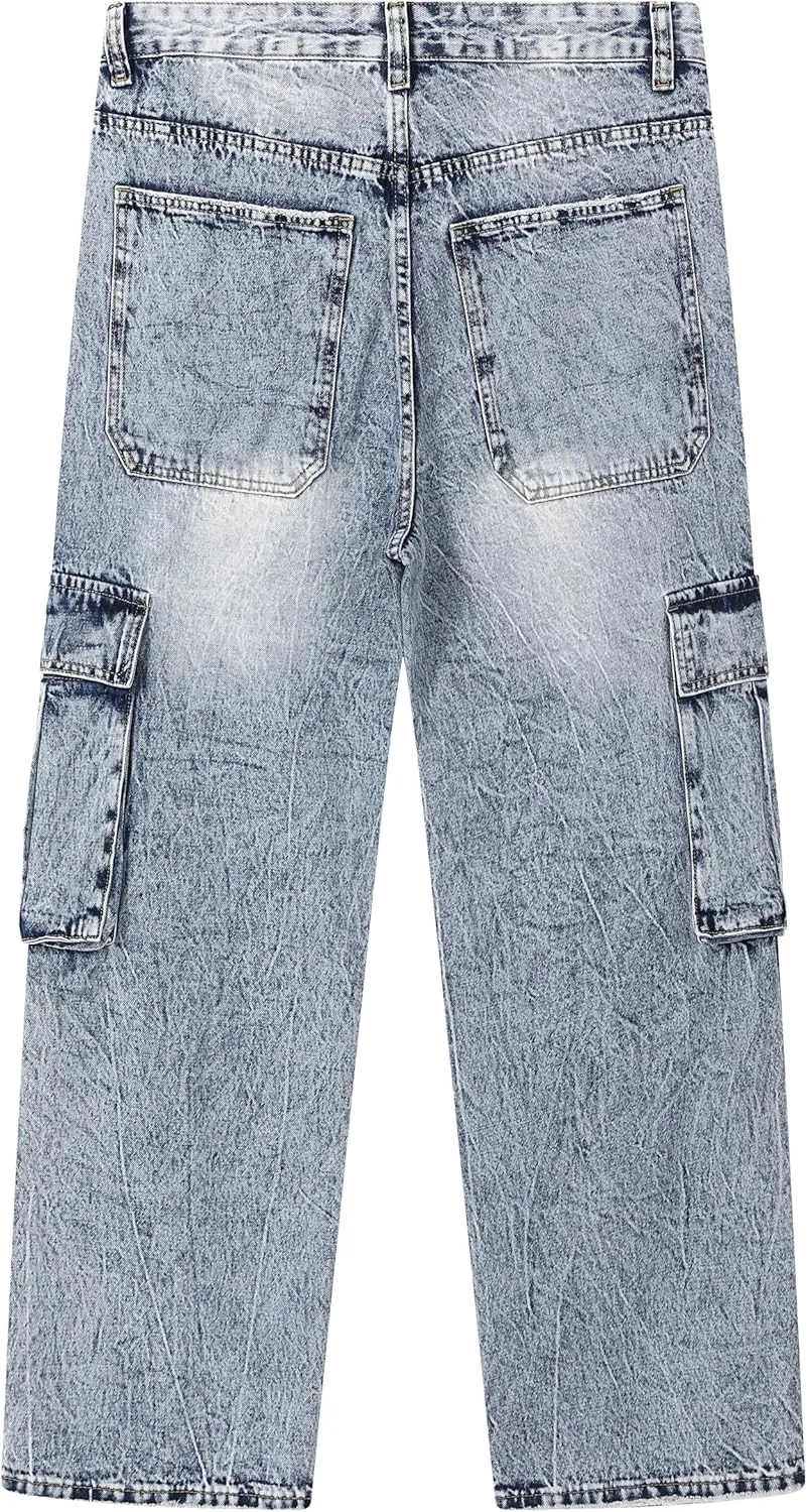 Men's Non-Stretch Loose Fit Wide-Leg Baggy Cargo Jeans Pants