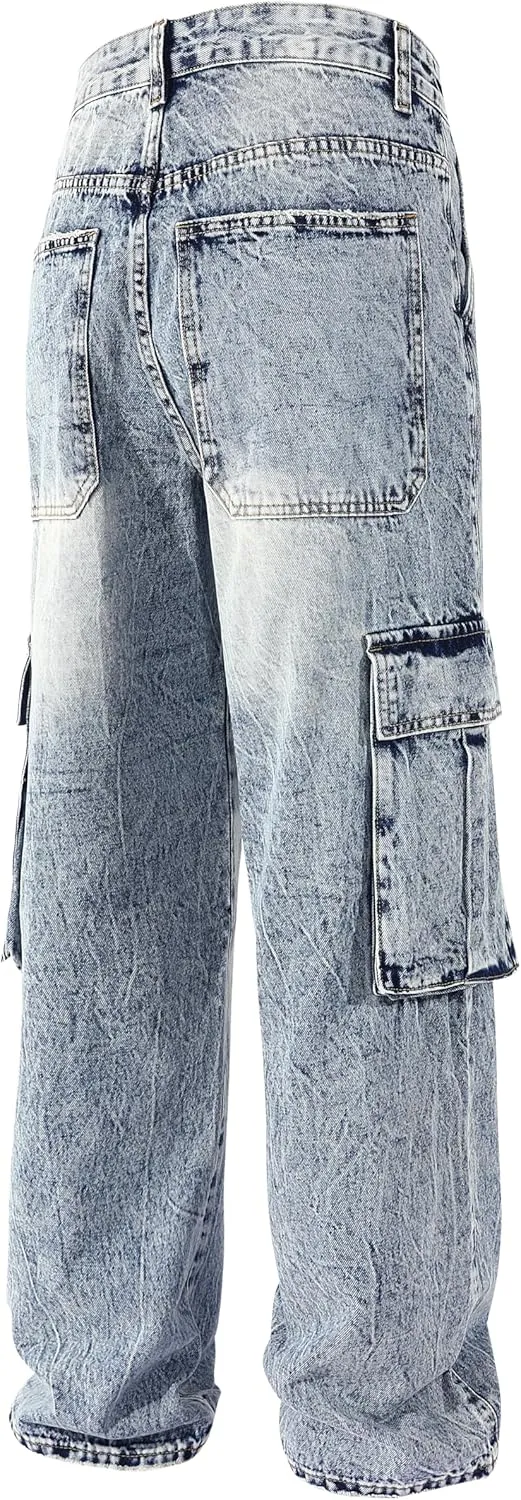 Men's Non-Stretch Loose Fit Wide-Leg Baggy Cargo Jeans Pants