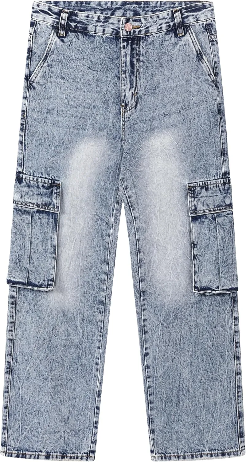 Men's Non-Stretch Loose Fit Wide-Leg Baggy Cargo Jeans Pants
