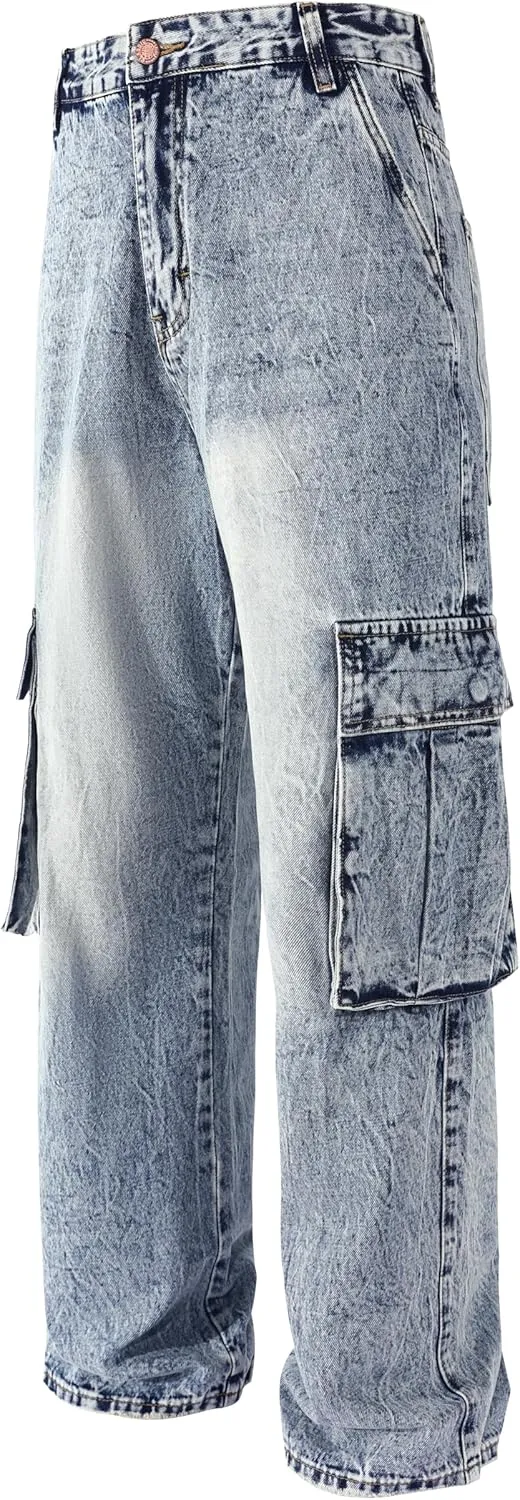 Men's Non-Stretch Loose Fit Wide-Leg Baggy Cargo Jeans Pants
