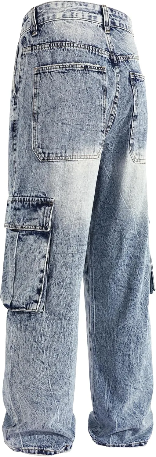 Men's Non-Stretch Loose Fit Wide-Leg Baggy Cargo Jeans Pants