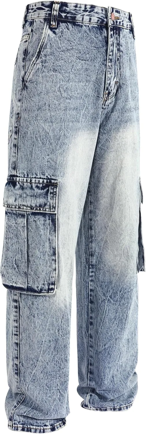 Men's Non-Stretch Loose Fit Wide-Leg Baggy Cargo Jeans Pants
