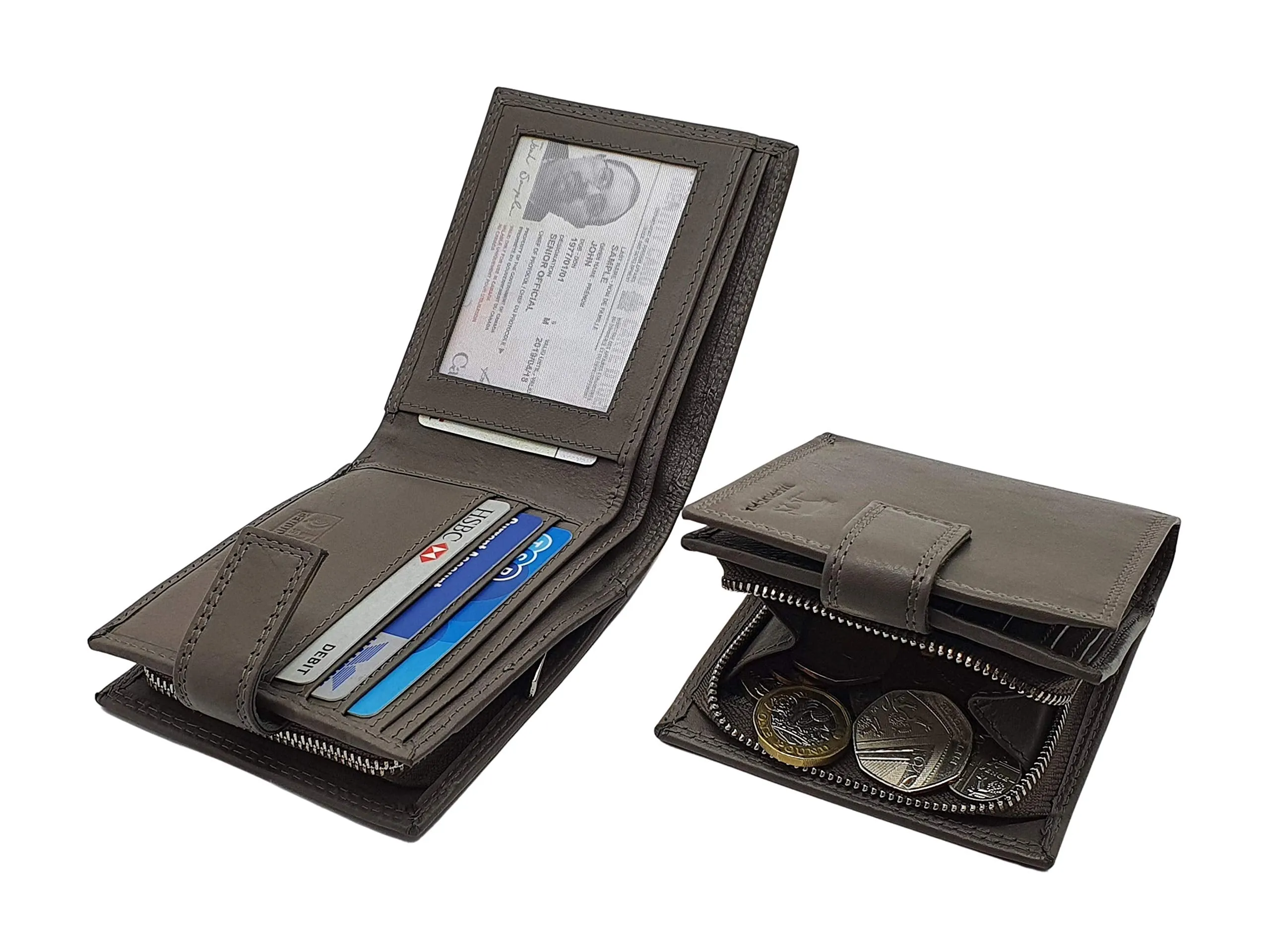 Mens RFID Blocking Leather Passcase Wallet With A Large Zip Around Coin Pocket M70 (GREY)