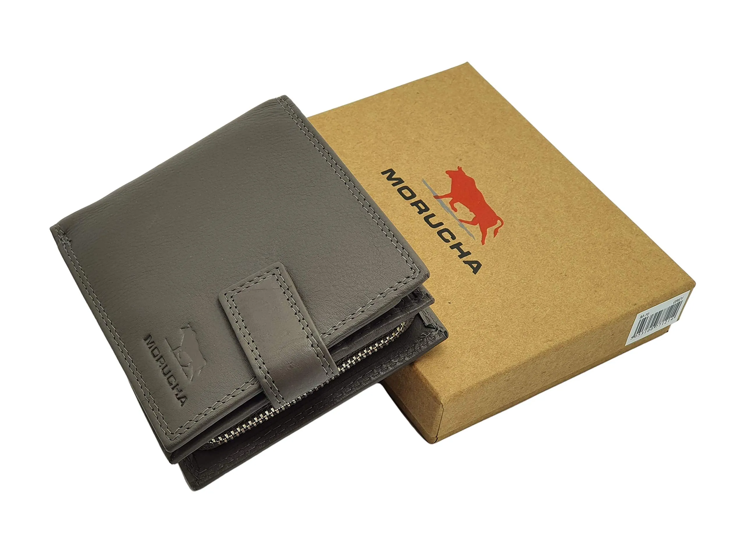 Mens RFID Blocking Leather Passcase Wallet With A Large Zip Around Coin Pocket M70 (GREY)