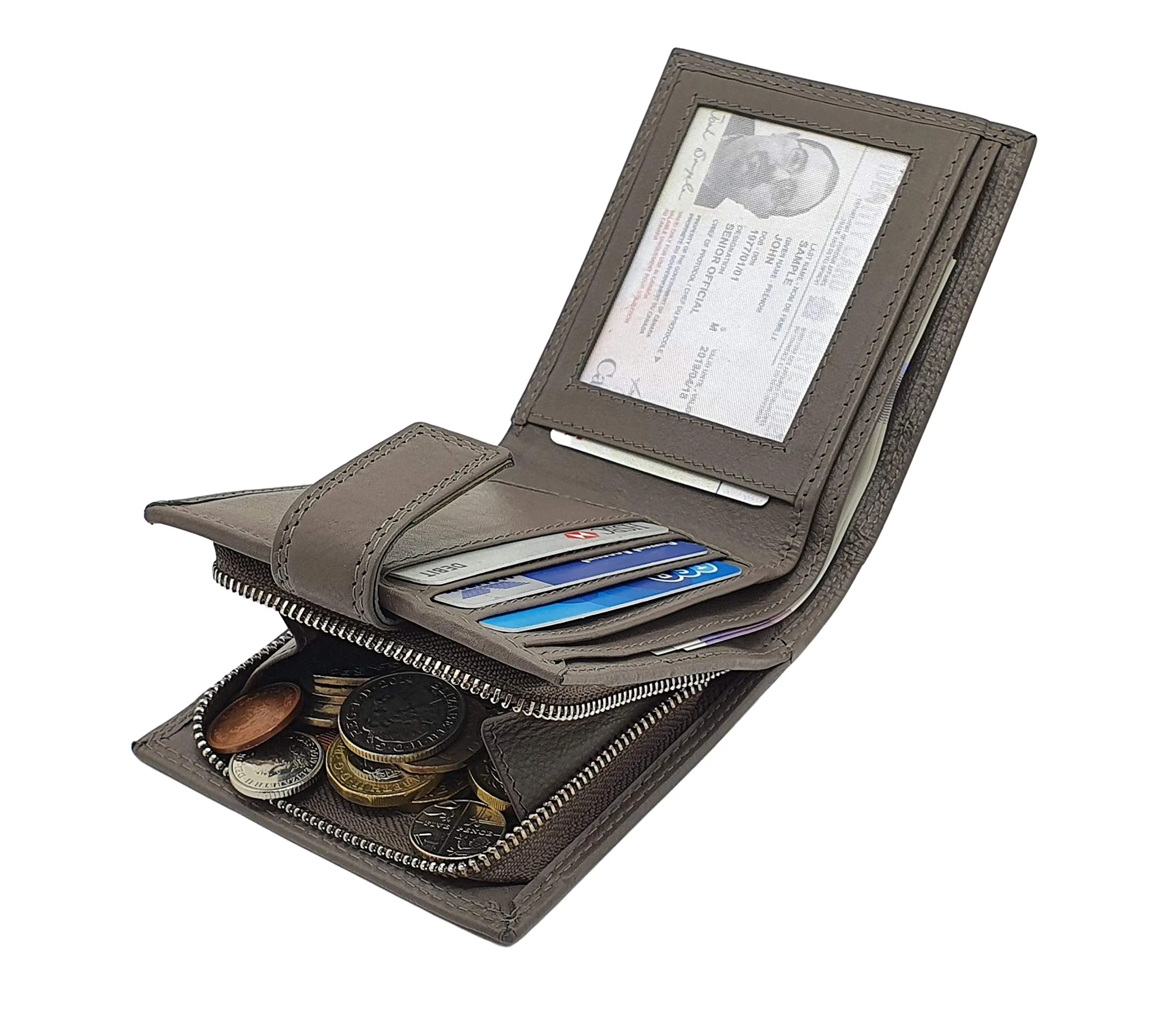 Mens RFID Blocking Leather Passcase Wallet With A Large Zip Around Coin Pocket M70 (GREY)