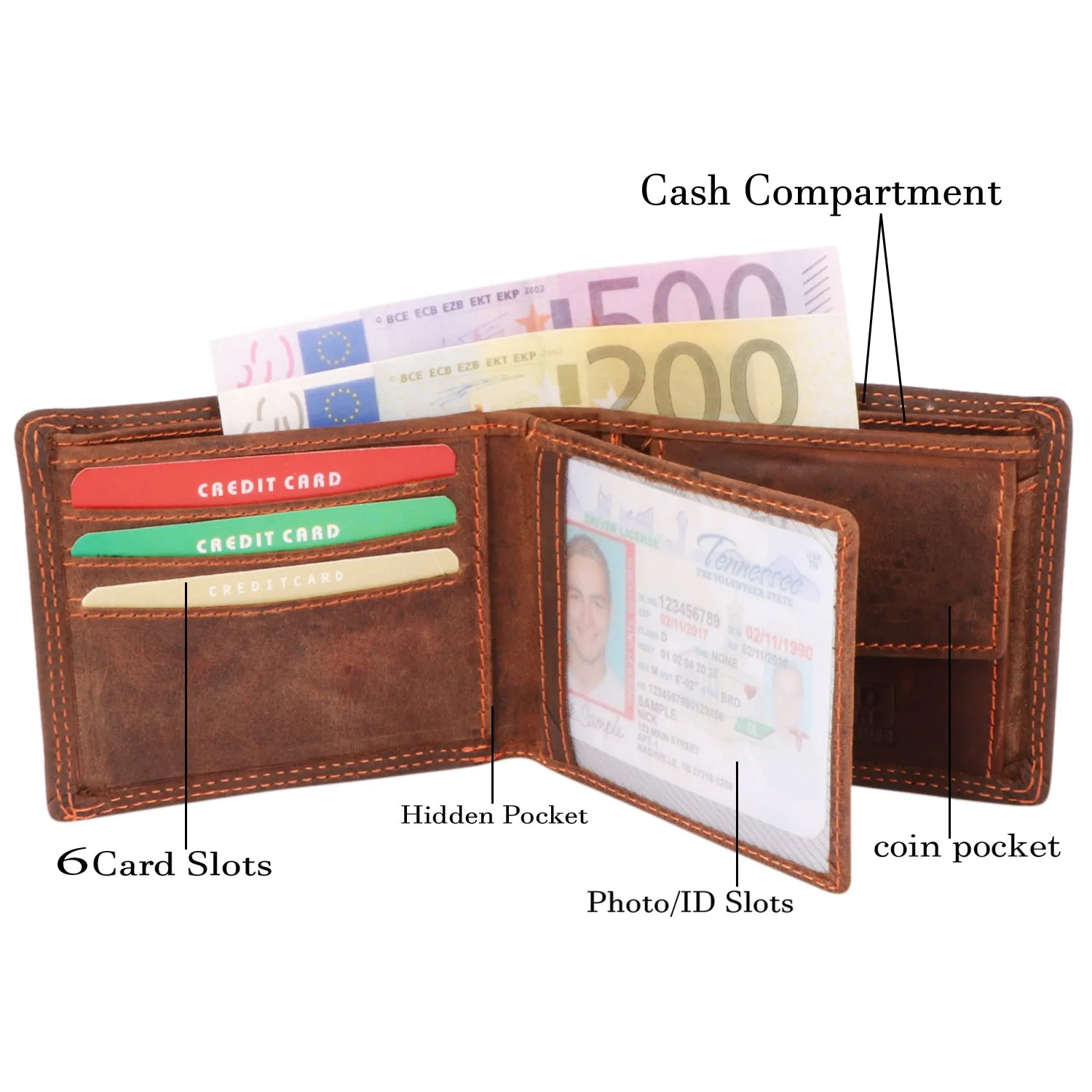Mens RFID Oiled Hunter Leather Billfold Wallet Brown