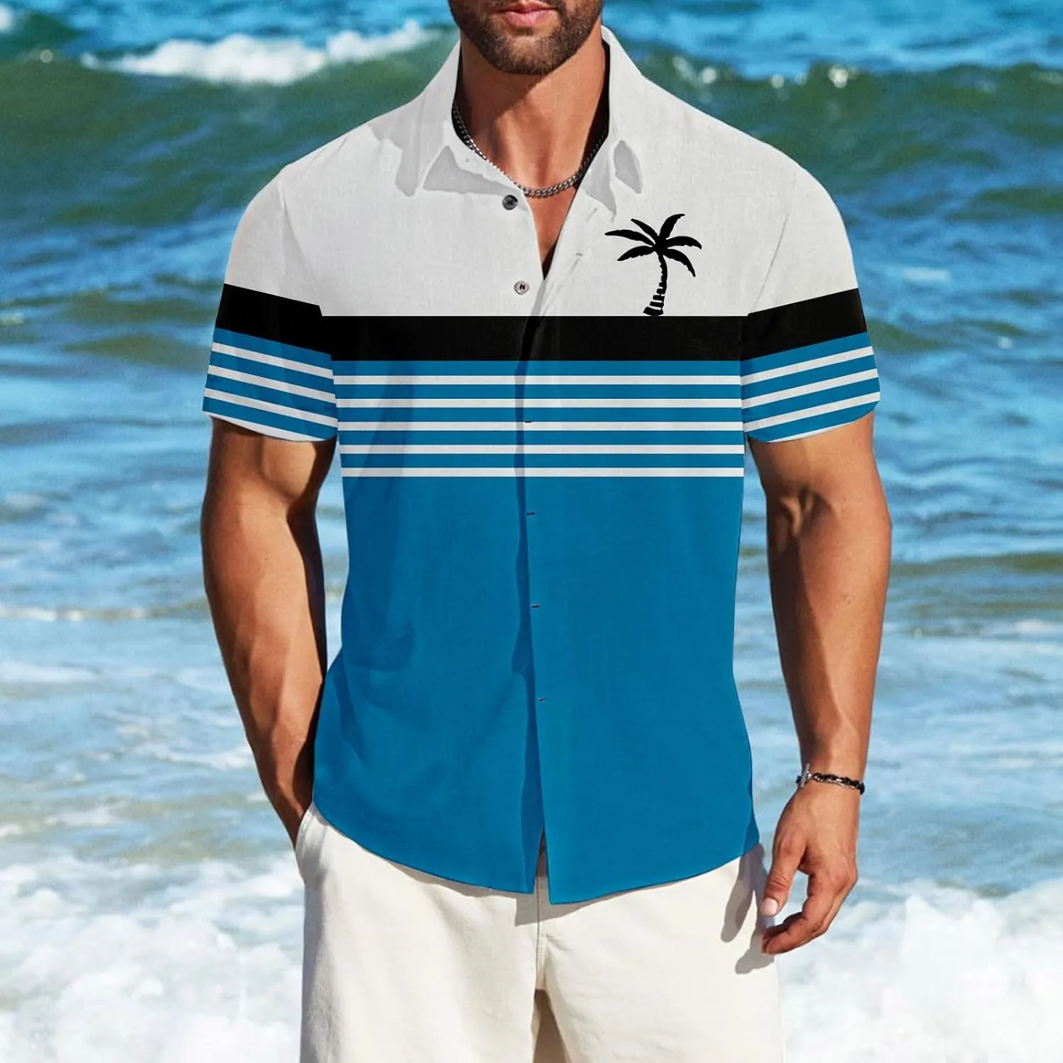 Mens Shirts Tropical Graphic Short Sleeve Shirt Summer Coconut Tree T-Shirts Button Down Stand Collar Workout Tops