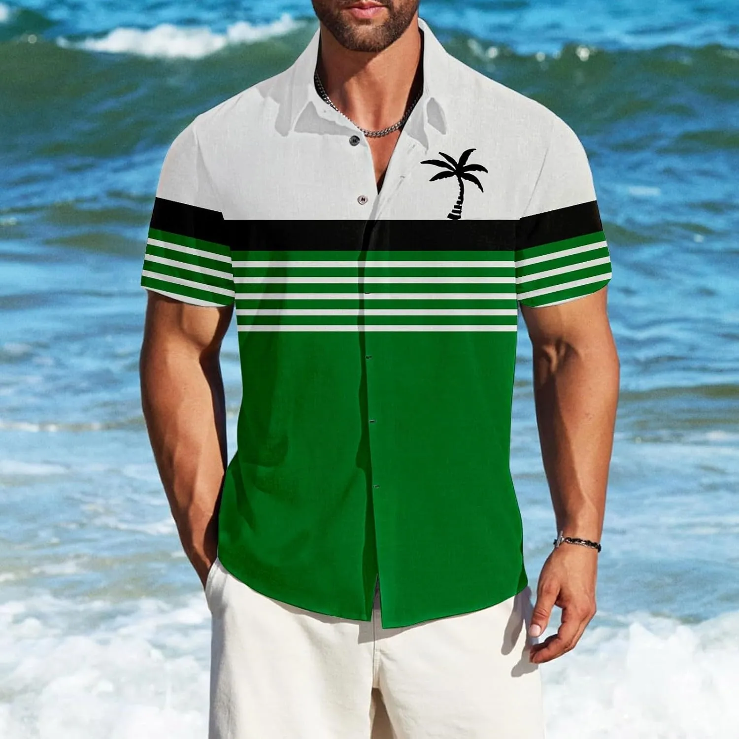 Mens Shirts Tropical Graphic Short Sleeve Shirt Summer Coconut Tree T-Shirts Button Down Stand Collar Workout Tops