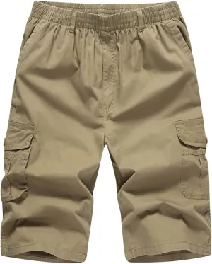Mens Summer Shorts Loose Fit Cotton Elastic Waist Multi Pockets Cargo Shorts Fashion Outdoor Solid Beach Shorts