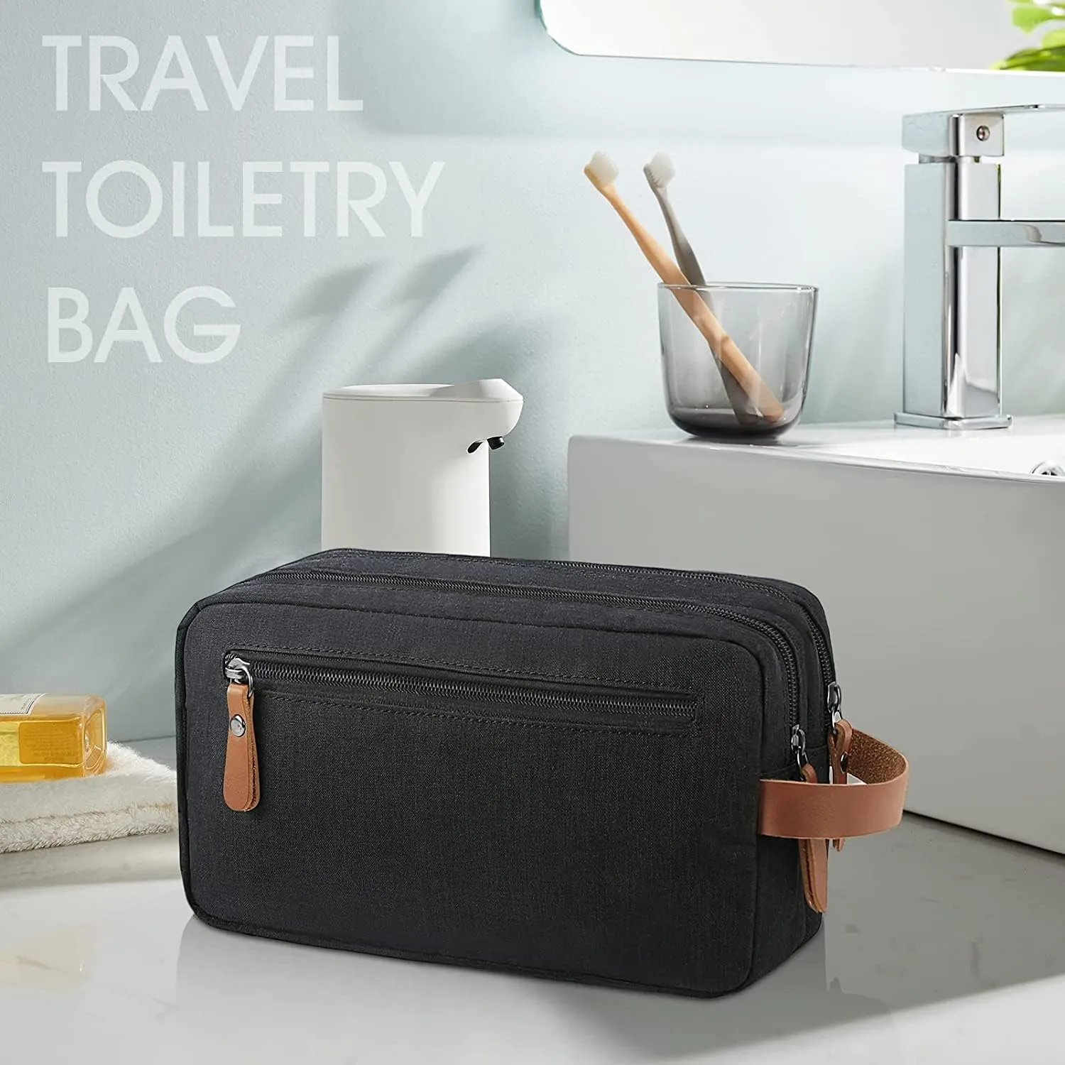 Mens Toiletry Bag, Bathroom Bag, Oxford Cloth Toiletry Bag for Men, Portable Travel Shaving Dopp Kit,Water-Resistant Cosmetic Bag Travel Organizer Storage for Accessories, Black