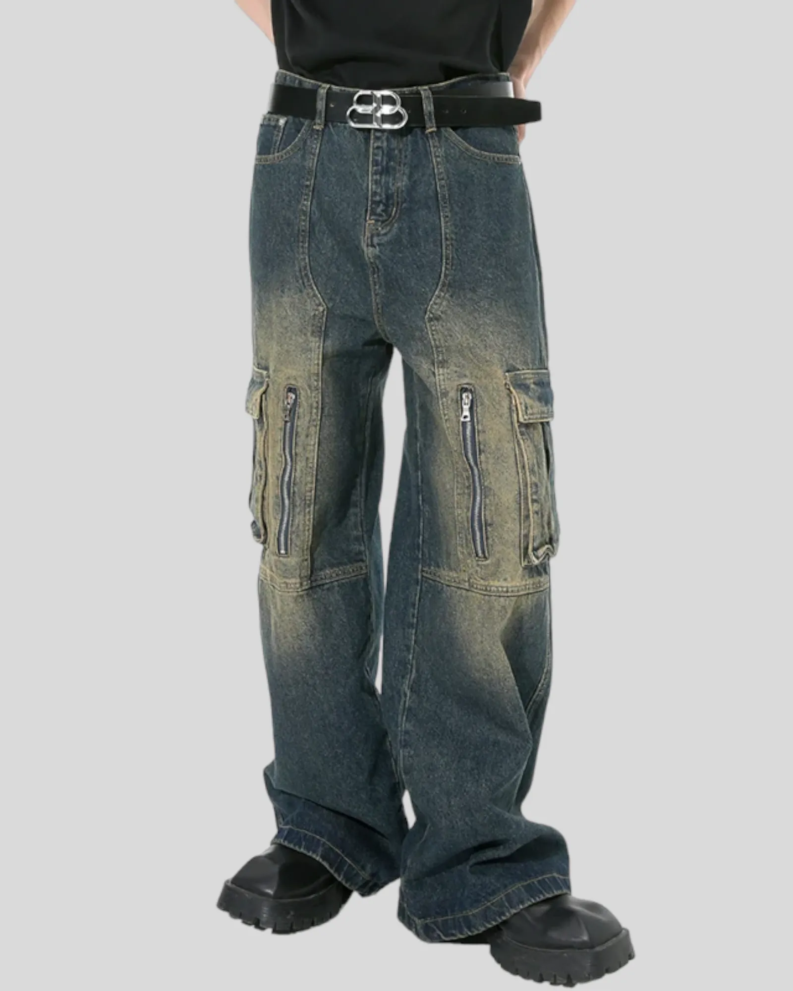 Men's Vintage Multi-pocket Denim Cargo Pants, Wide Legs