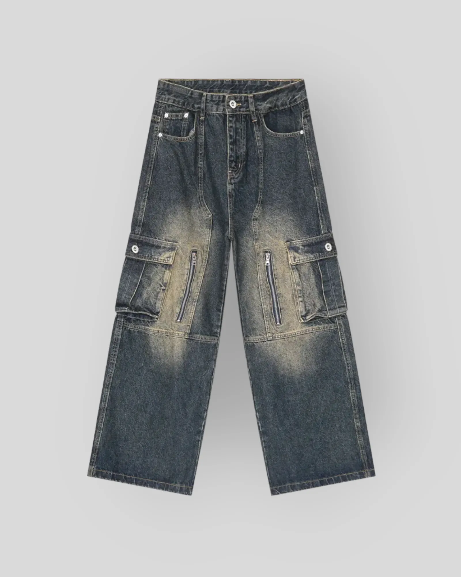 Men's Vintage Multi-pocket Denim Cargo Pants, Wide Legs