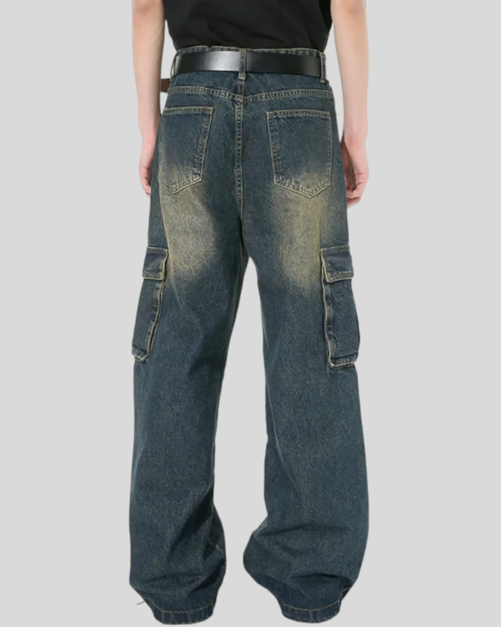 Men's Vintage Multi-pocket Denim Cargo Pants, Wide Legs