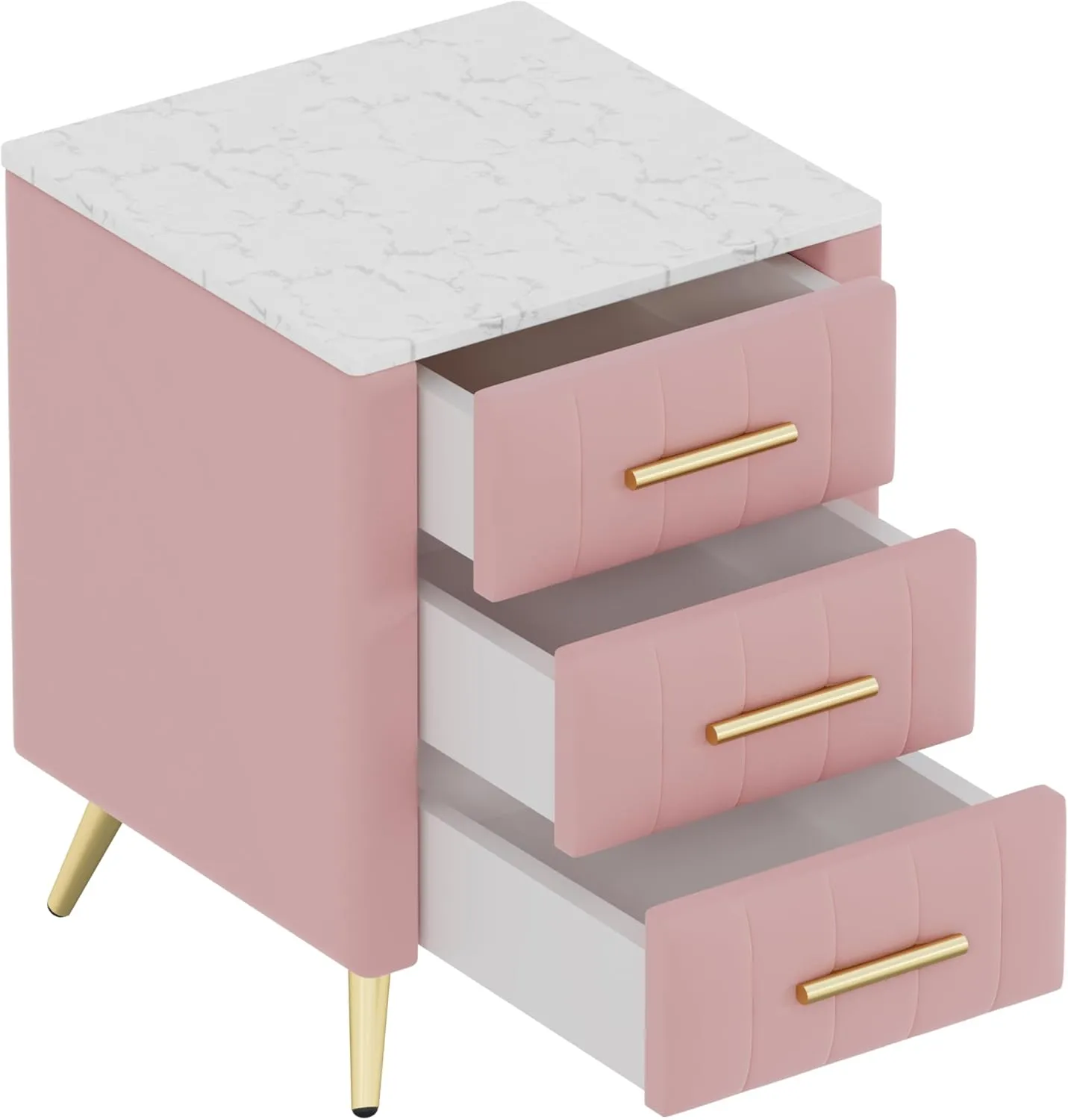 Merax Nightstand with 3 Storage Drawers, Upholstered Wood Bedside End Table with Marbling Top, Pink