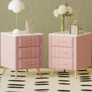 Merax Nightstand with Drawers Set of 2, Upholstered Wood Bedside End Table with Marbling Top, Pink