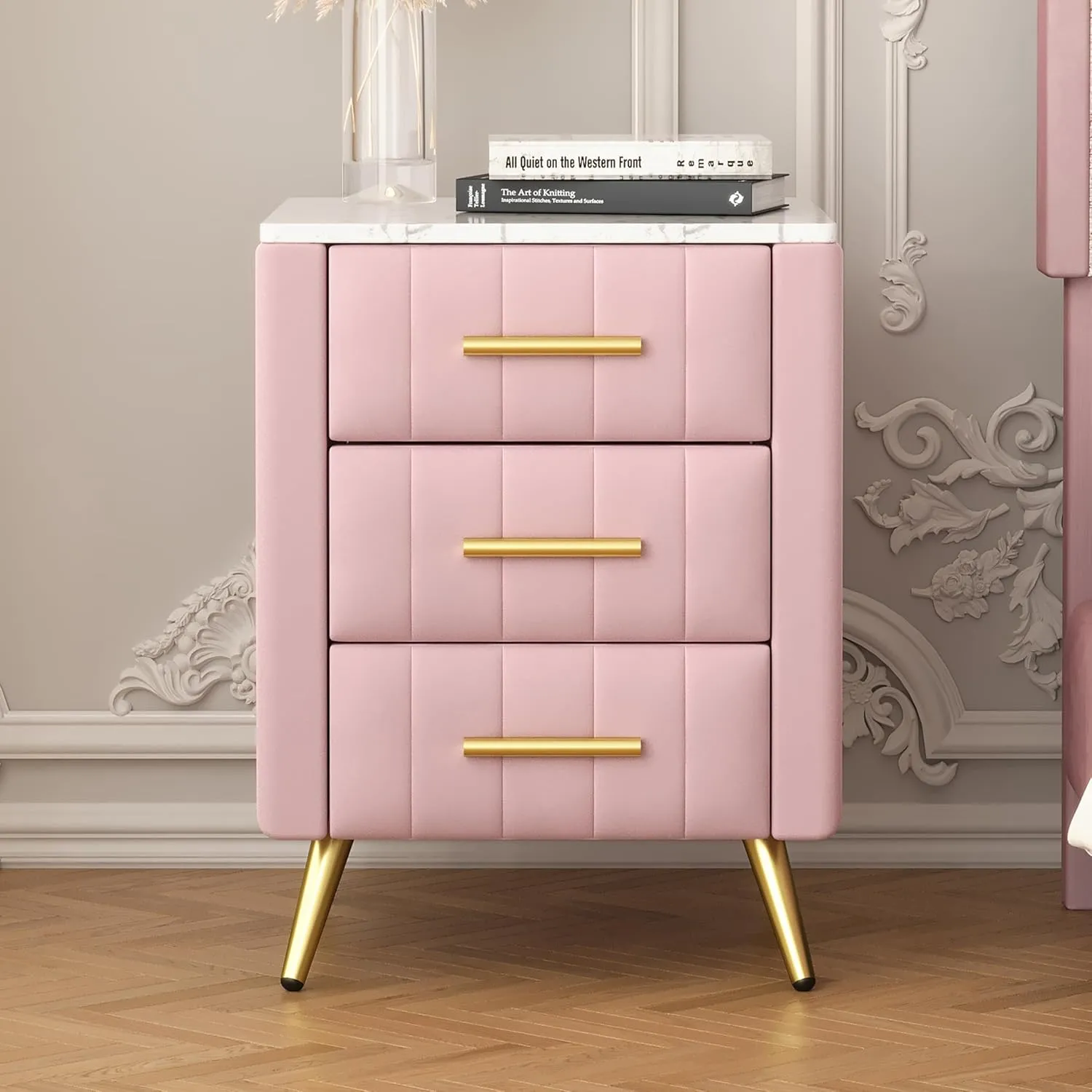 Merax Nightstand with Drawers Set of 2, Upholstered Wood Bedside End Table with Marbling Top, Pink