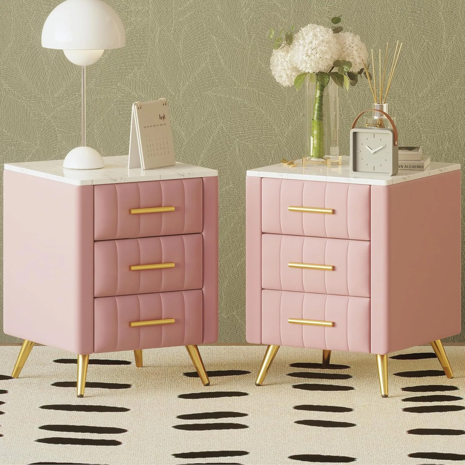 Merax Nightstand with Drawers Set of 2, Upholstered Wood Bedside End Table with Marbling Top, Pink