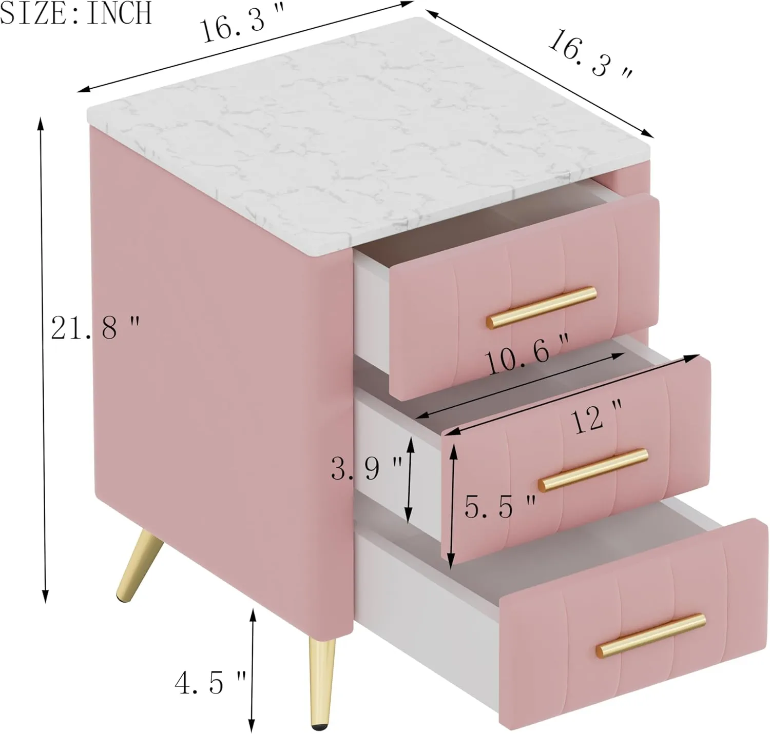 Merax Nightstand with Drawers Set of 2, Upholstered Wood Bedside End Table with Marbling Top, Pink