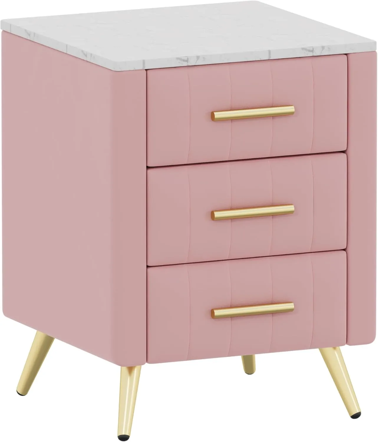Merax Nightstand with Drawers Set of 2, Upholstered Wood Bedside End Table with Marbling Top, Pink