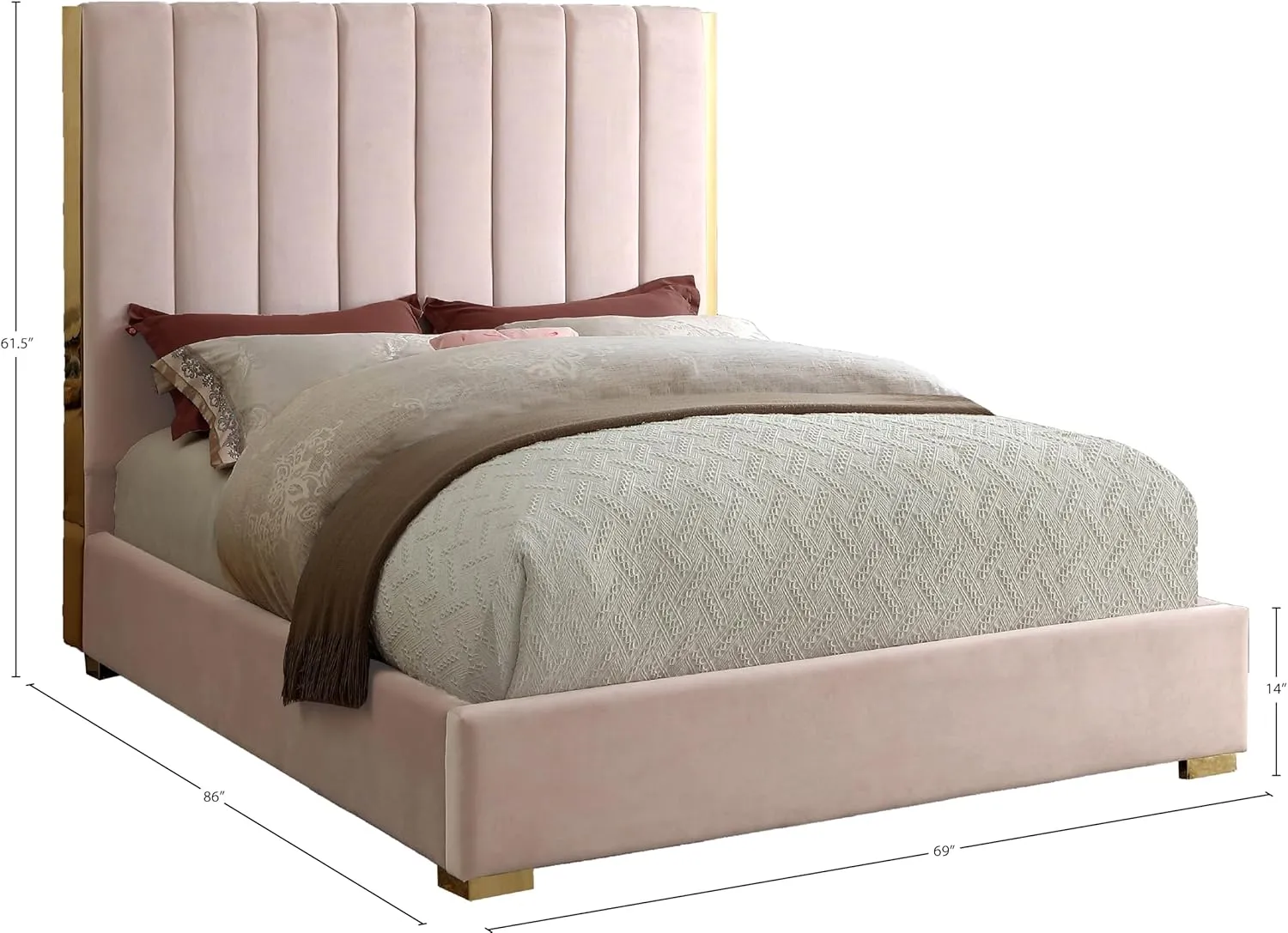 Meridian Furniture Becca Collection Modern | Contemporary Velvet Upholstered Bed with Deep Channel Tufting and Polished Gold Metal Frame, Pink, Queen