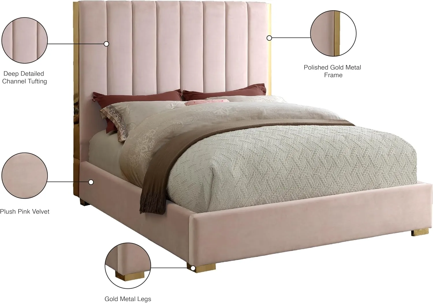 Meridian Furniture Becca Collection Modern | Contemporary Velvet Upholstered Bed with Deep Channel Tufting and Polished Gold Metal Frame, Pink, Queen