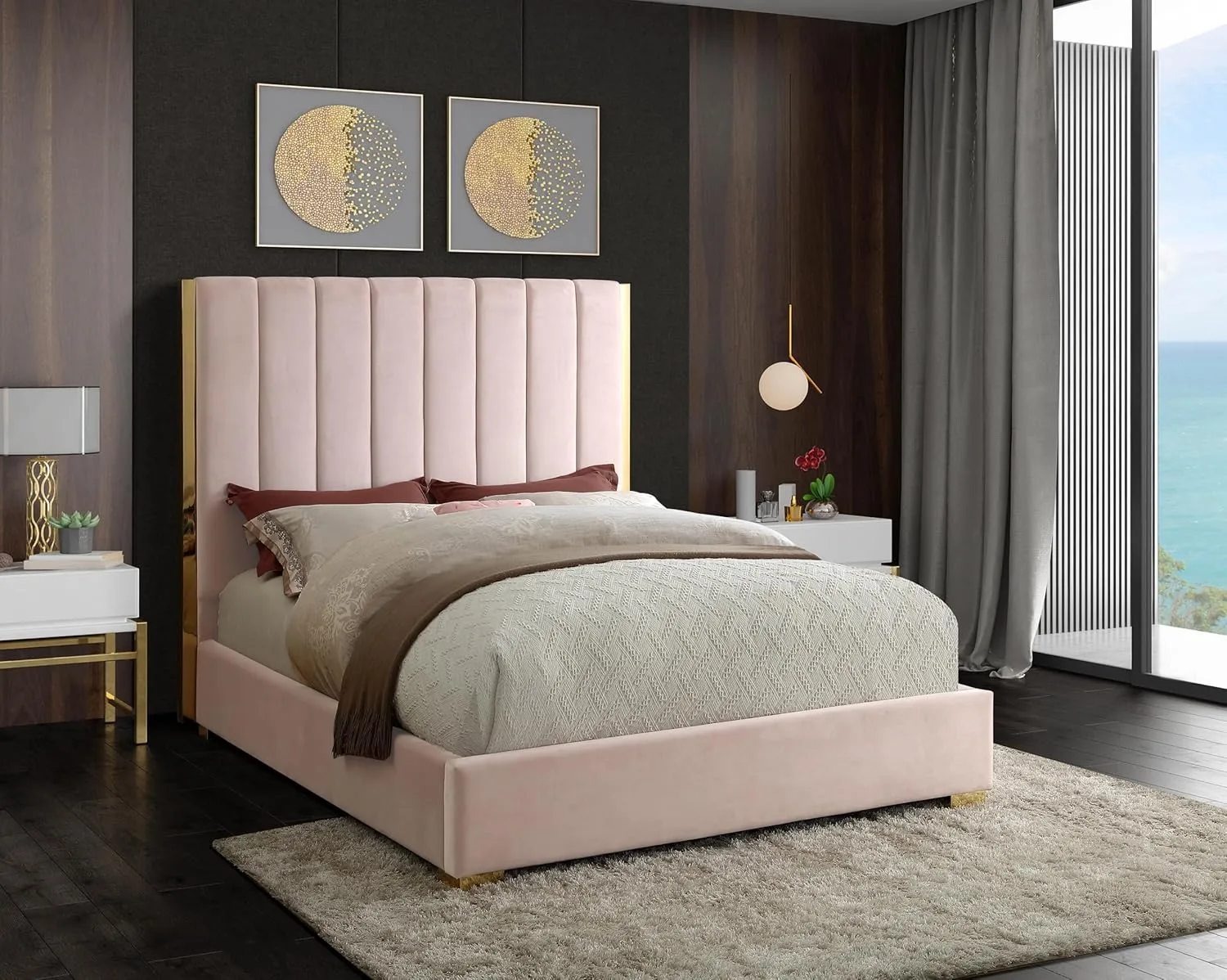 Meridian Furniture Becca Collection Modern | Contemporary Velvet Upholstered Bed with Deep Channel Tufting and Polished Gold Metal Frame, Pink, Queen