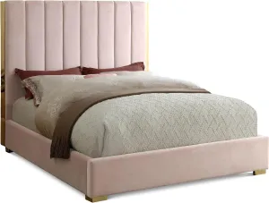 Meridian Furniture Becca Collection Modern | Contemporary Velvet Upholstered Bed with Deep Channel Tufting and Polished Gold Metal Frame, Pink, Queen
