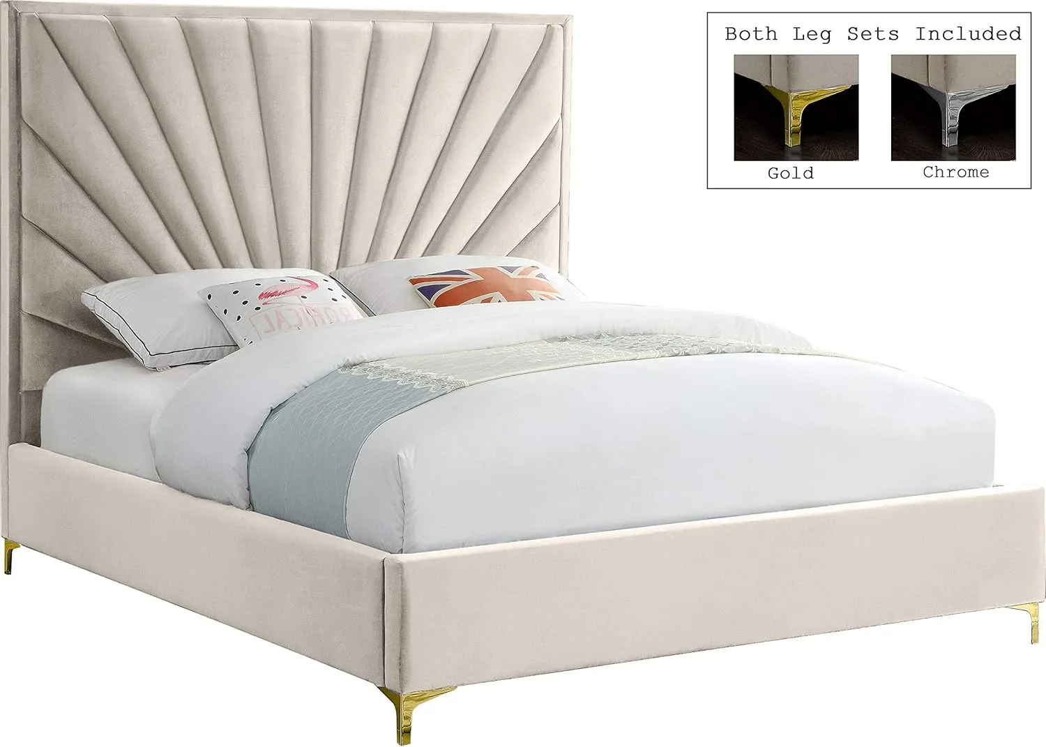 Meridian Furniture Eclipse Collection Modern | Contemporary Velvet Upholstered Bed with Channel Tufted Design and Complete Sets of Gold and Chrome Legs Included, King, Cream
