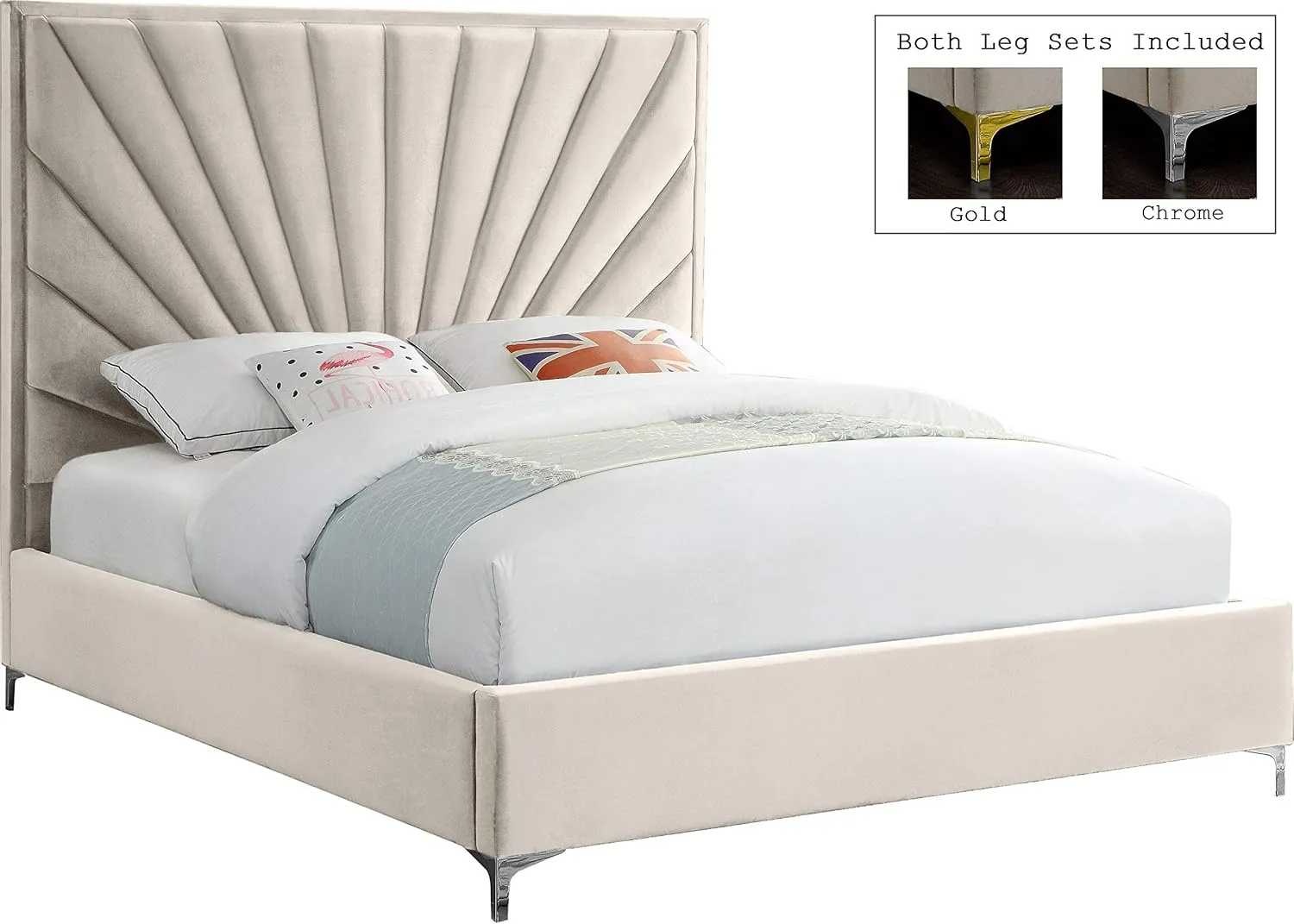 Meridian Furniture Eclipse Collection Modern | Contemporary Velvet Upholstered Bed with Channel Tufted Design and Complete Sets of Gold and Chrome Legs Included, King, Cream