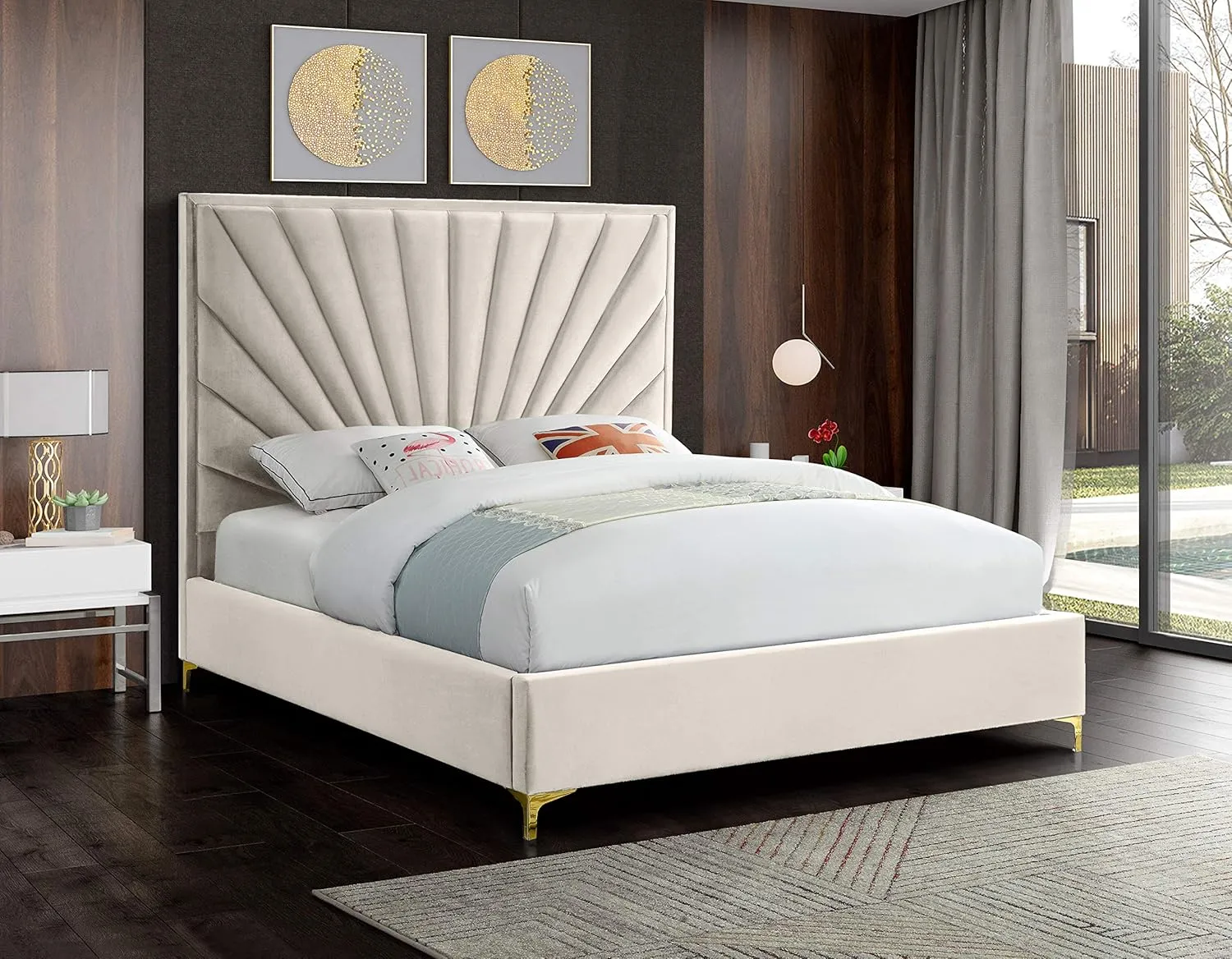 Meridian Furniture Eclipse Collection Modern | Contemporary Velvet Upholstered Bed with Channel Tufted Design and Complete Sets of Gold and Chrome Legs Included, King, Cream