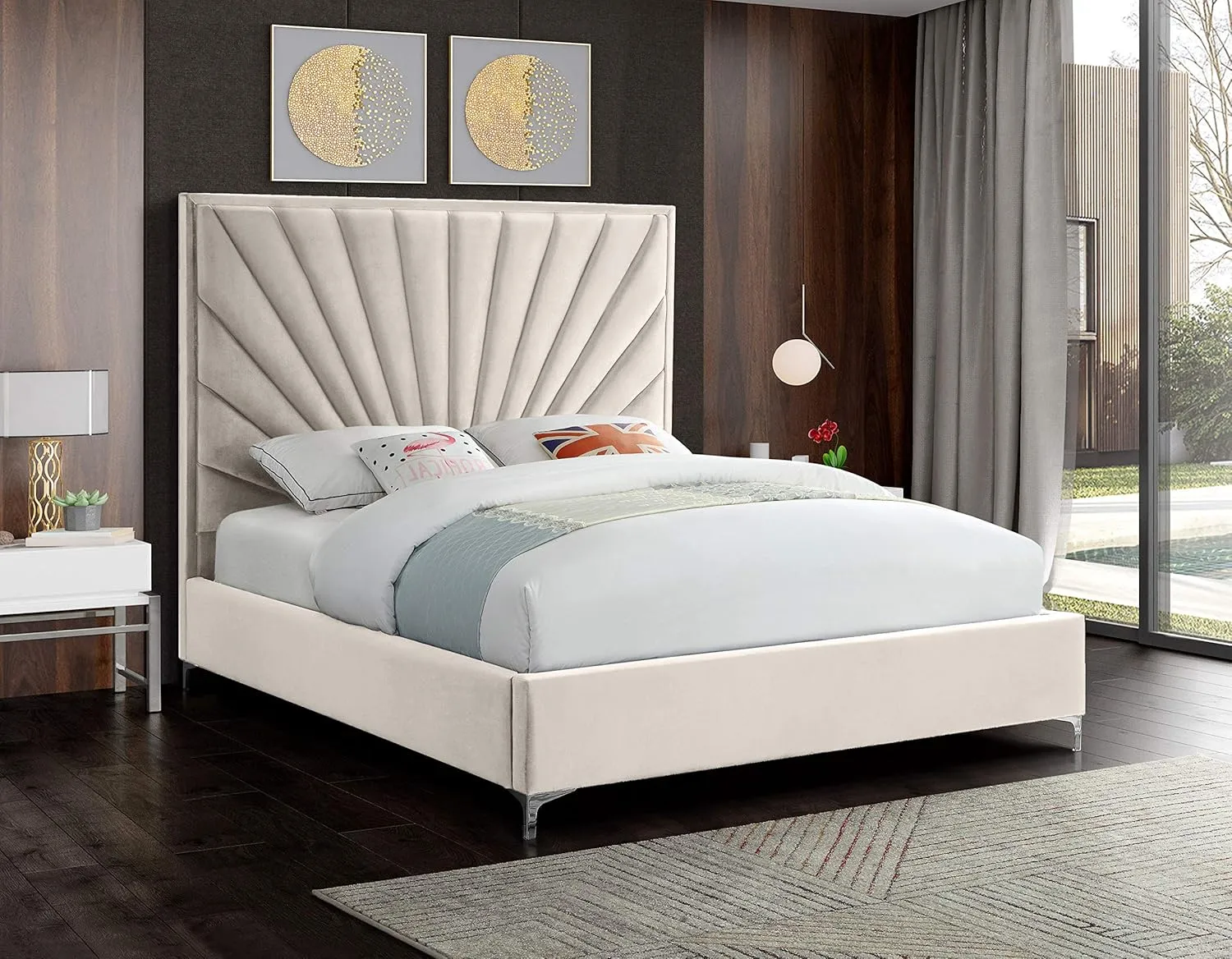 Meridian Furniture Eclipse Collection Modern | Contemporary Velvet Upholstered Bed with Channel Tufted Design and Complete Sets of Gold and Chrome Legs Included, King, Cream