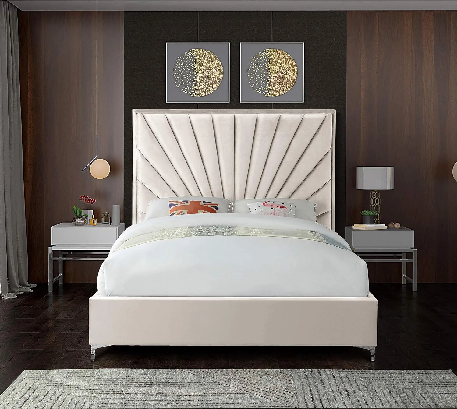 Meridian Furniture Eclipse Collection Modern | Contemporary Velvet Upholstered Bed with Channel Tufted Design and Complete Sets of Gold and Chrome Legs Included, King, Cream