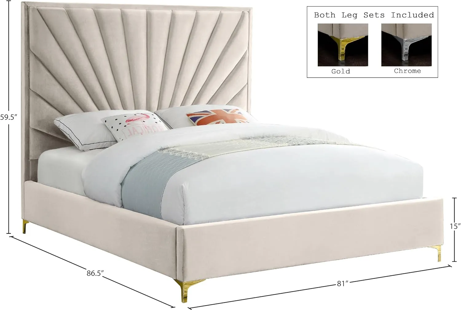 Meridian Furniture Eclipse Collection Modern | Contemporary Velvet Upholstered Bed with Channel Tufted Design and Complete Sets of Gold and Chrome Legs Included, King, Cream