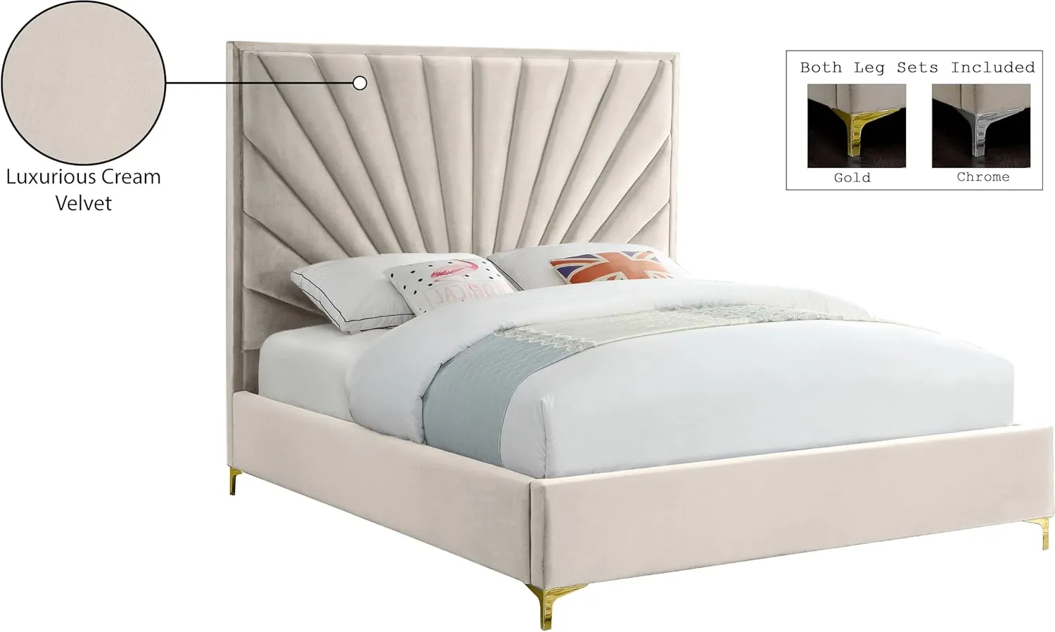 Meridian Furniture Eclipse Collection Modern | Contemporary Velvet Upholstered Bed with Channel Tufted Design and Complete Sets of Gold and Chrome Legs Included, King, Cream