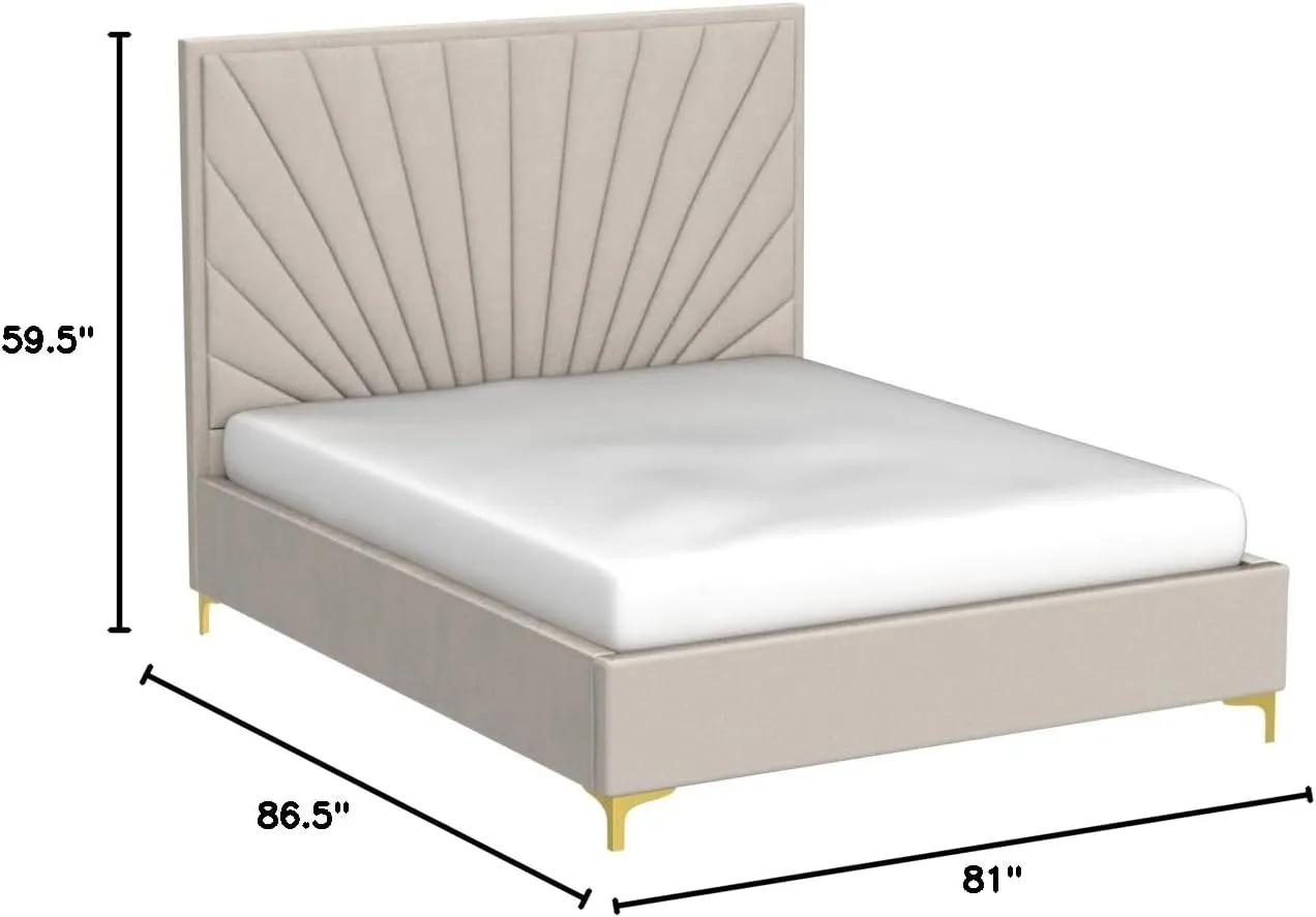Meridian Furniture Eclipse Collection Modern | Contemporary Velvet Upholstered Bed with Channel Tufted Design and Complete Sets of Gold and Chrome Legs Included, King, Cream