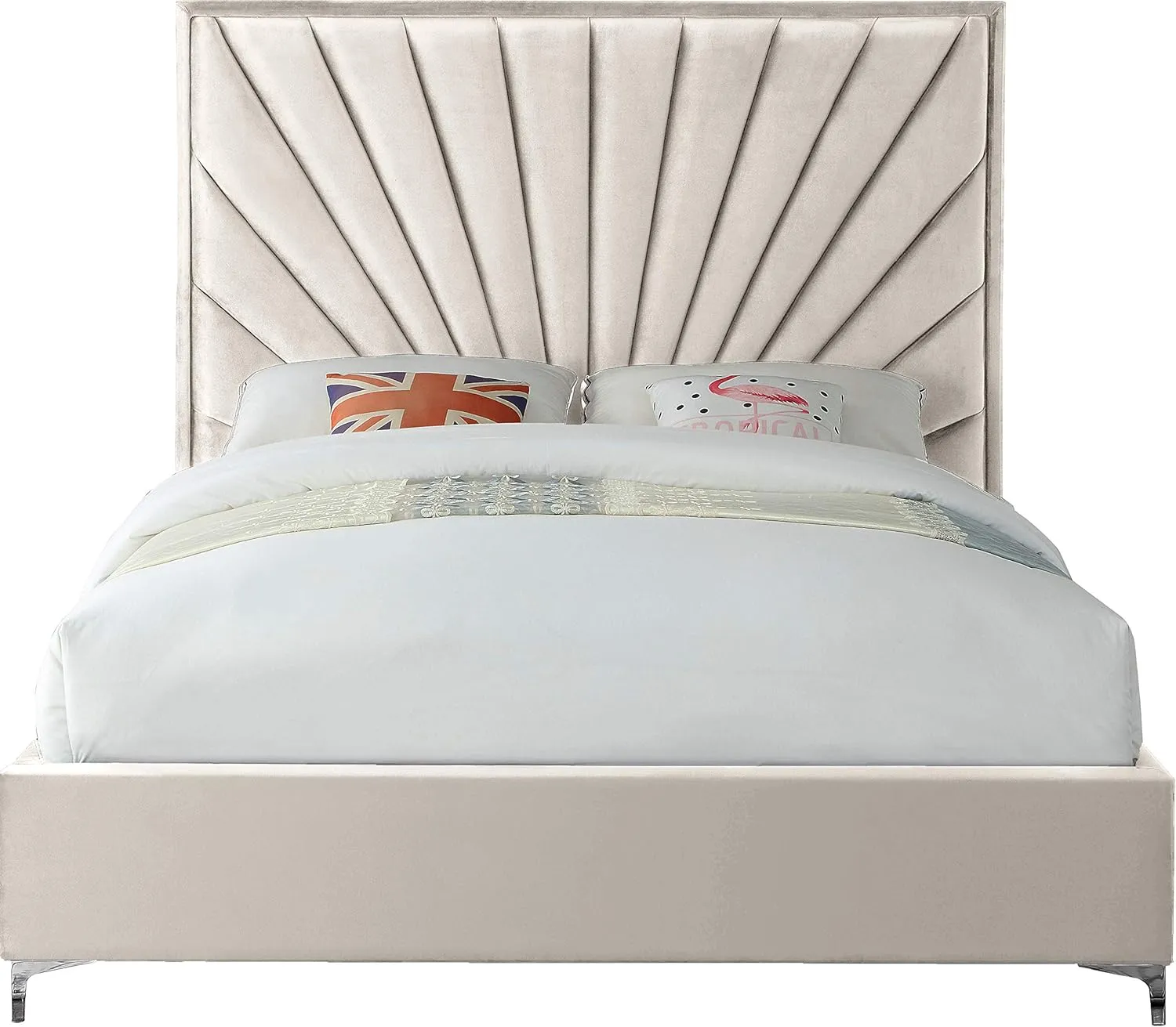 Meridian Furniture Eclipse Collection Modern | Contemporary Velvet Upholstered Bed with Channel Tufted Design and Complete Sets of Gold and Chrome Legs Included, King, Cream