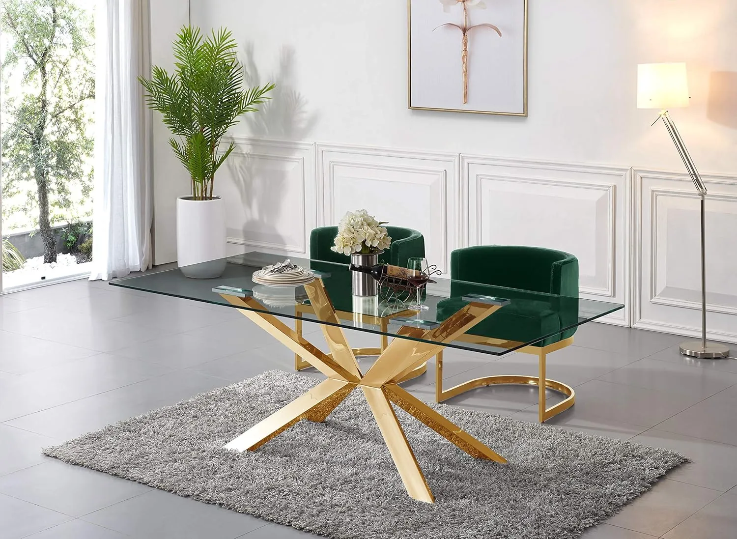 Meridian Furniture Gianna Collection Modern | Contemporary Velvet Upholstered Dining Chair with Polished Gold Metal Frame, 24" W x 22" D x 29.5" H, Green